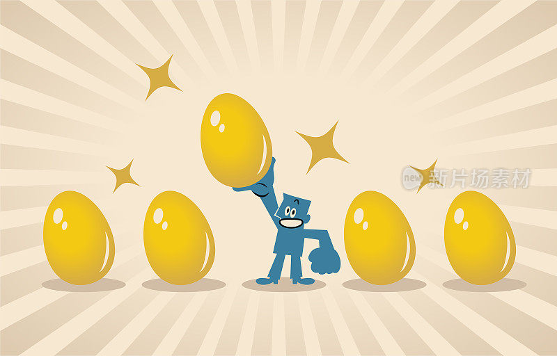 一个快乐的蓝色人拿着一个大大的金色复活节彩蛋，复活节快乐，带着丰盛、繁荣、成功、创新和创造的光芒
