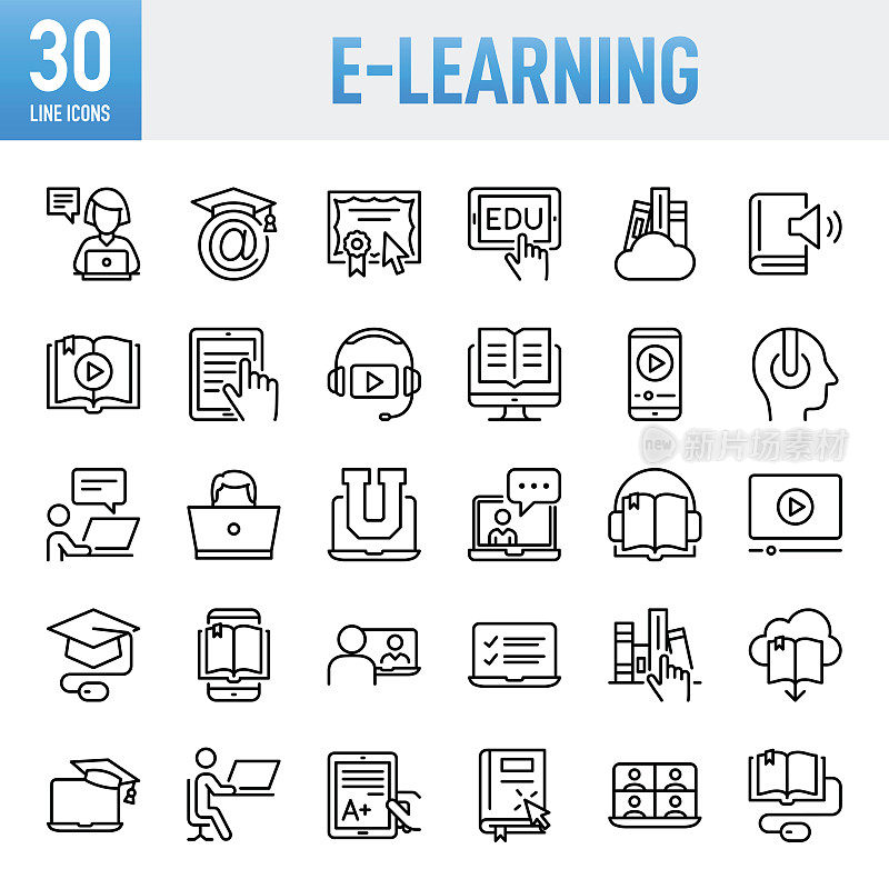 电子学习-细线矢量图标集。像素完美。移动和Web。该套装包含以下图标:电子学习、教育、教育考试、教育培训班、学习、教学、学生、学习、互联网、大学、图书馆