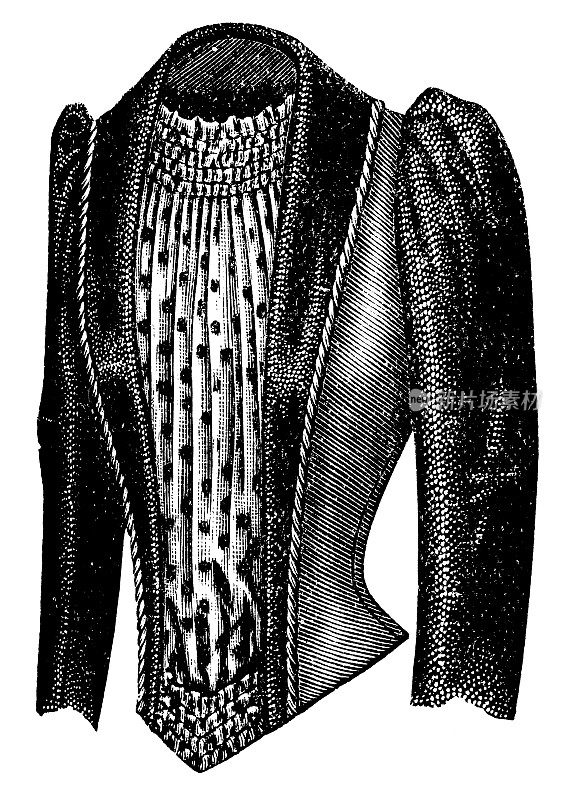 19世纪90年代维多利亚时代的时尚，女士巴斯克紧身胸衣配圆点衬衫
