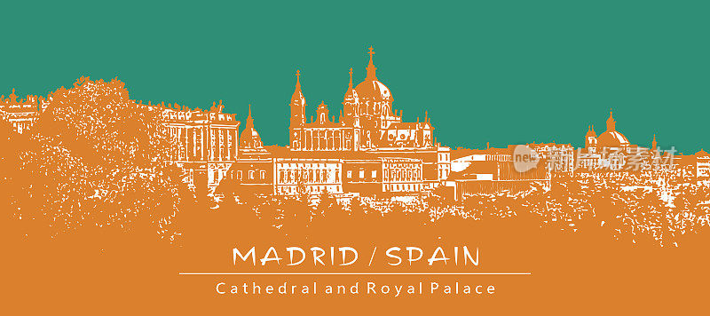 马德里,西班牙。全景大教堂和皇宫。