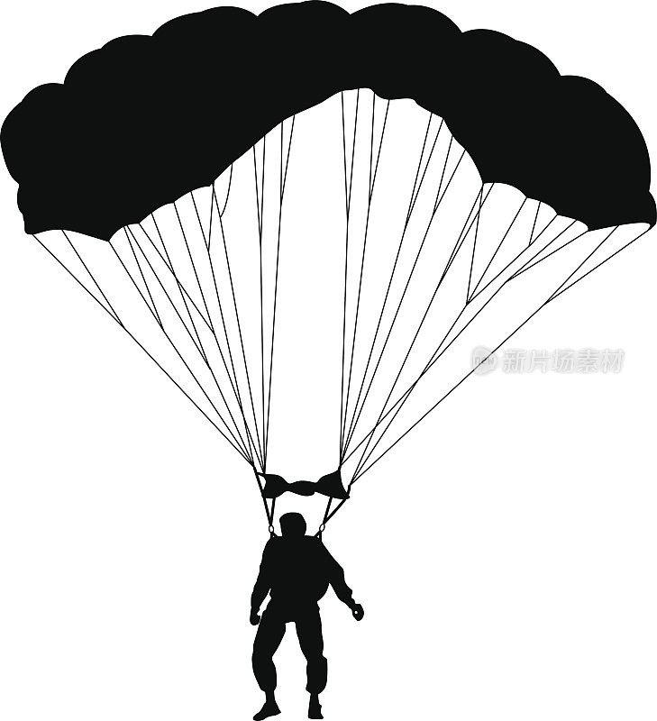 跳伞者，剪影降落伞矢量插图。