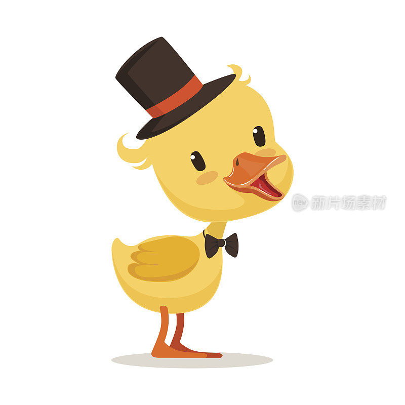 小黄鸭小鸡戴着礼帽和领结，可爱的表情字符向量插图