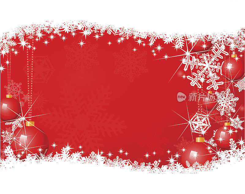 红色的圣诞节背景与雪花，悬挂的小装饰品，和闪光