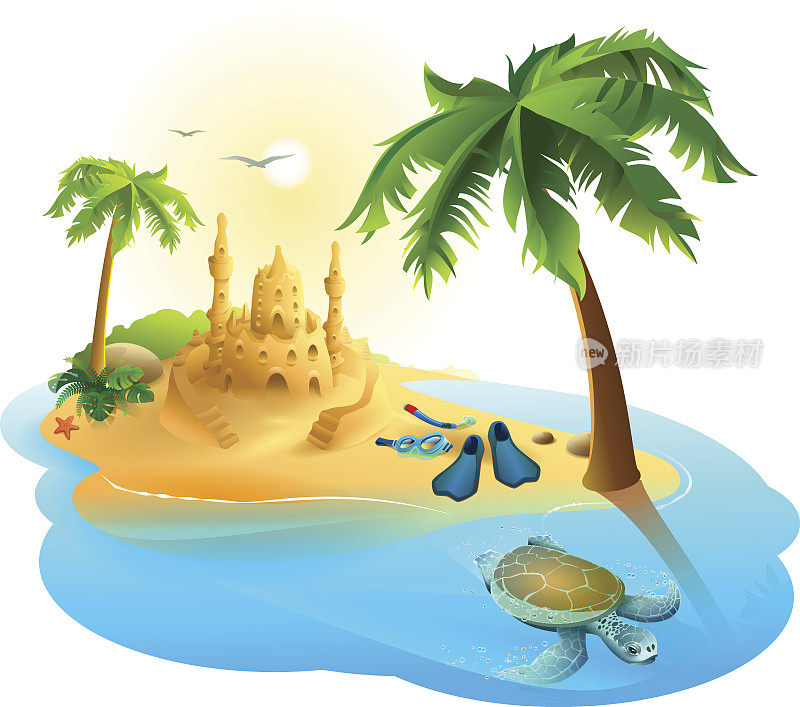 热带岛屿天堂海滩。棕榈树，沙堡，鱼翅，海龟