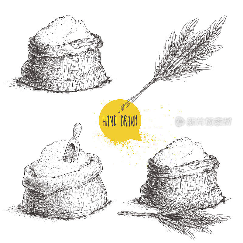 手绘素描风格麻袋与全面粉和小麦束。袋装糖，面粉袋装木勺，小麦捆。