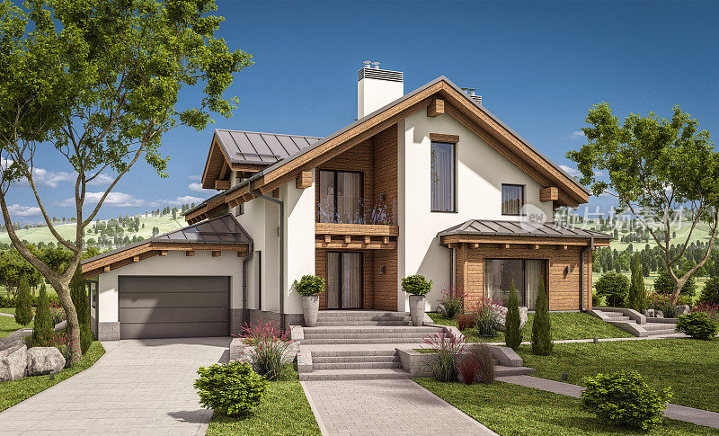 木屋风格的现代舒适住宅的3d渲染
