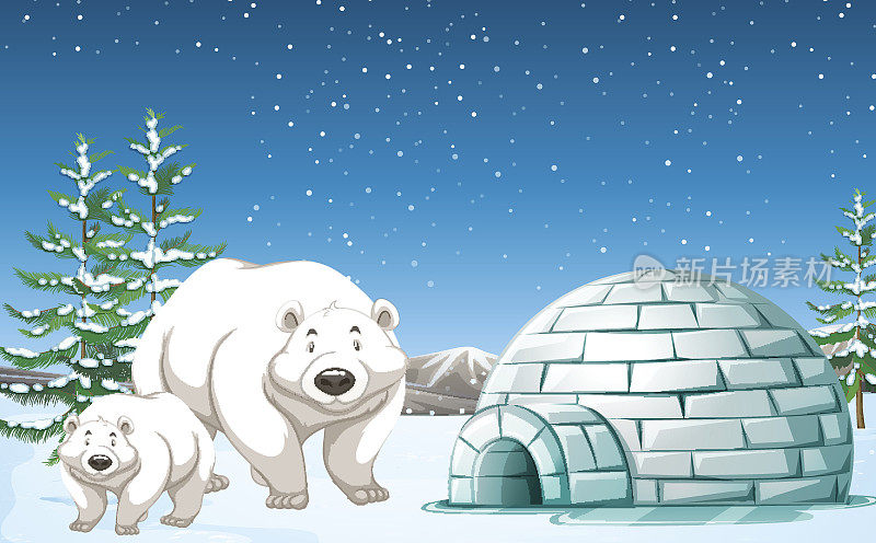 北极熊晚上站在冰屋附近