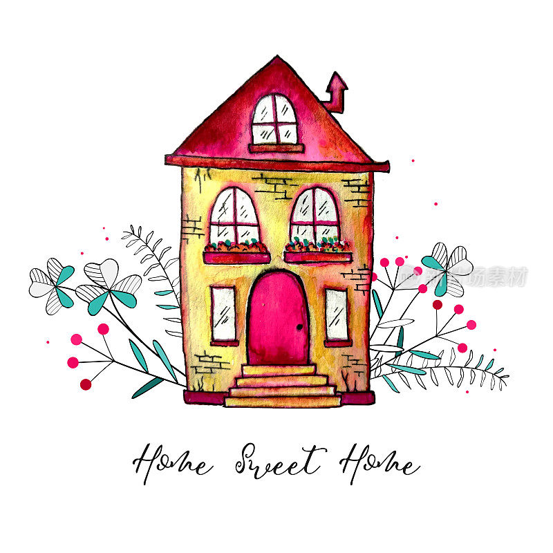 甜蜜的家标签。可爱的水彩老建筑与树枝和草药孤立在白色的背景。手绘卡片上有快乐的房子和鲜花。