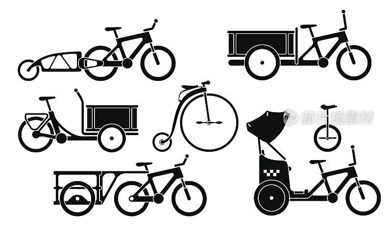 一套自行车和三轮车剪影图标