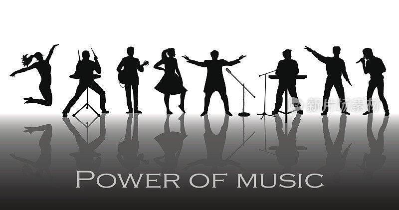 音乐概念的力量。一组音乐家、歌手和舞者的黑色剪影。矢量图