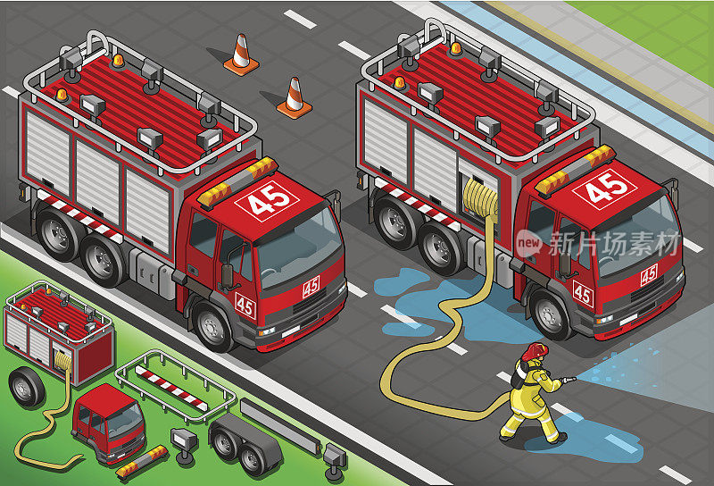 卡通等距消防员和消防车