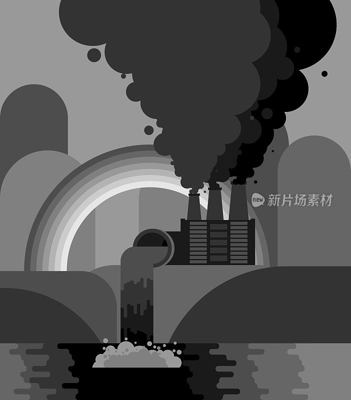 工业景观。植物排放到河里。环境污染。工厂的管道冒出黑烟。灰色的彩虹。生态catastrophy。矢量图