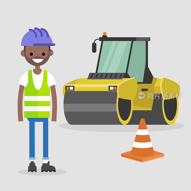 年轻的黑人工程师戴着安全帽和反光背心。沥青铺路。工业插图。黄色压路机和橙色圆锥。平面矢量插图，剪辑艺术。
