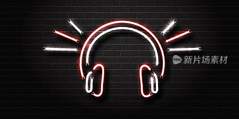 矢量现实隔离霓虹标志耳机装饰和覆盖在墙壁背景。音乐、dj和现场音乐会的概念。