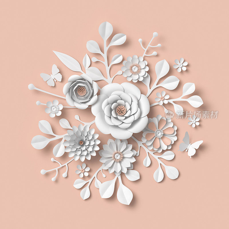 3d渲染，白色纸花孤立在桃色背景，孤立植物剪辑艺术，圆形花束，圆形插花