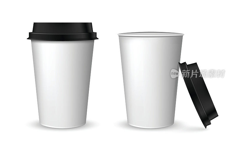空白现实咖啡杯模型。现实的纸咖啡杯套装。纸杯孤立在白色。