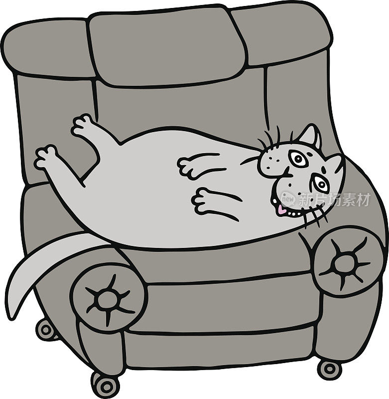 卡通懒惰的灰色胖猫躺在扶手椅上。矢量插图。