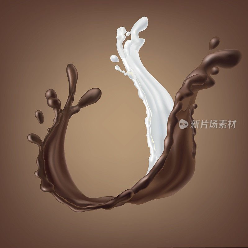 溅起并旋转牛奶和巧克力液体。3d插图和数字绘画