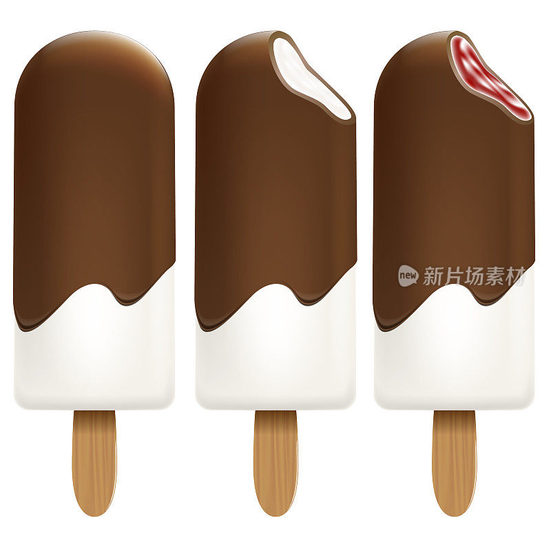 冰淇淋巧克力设置在白色背景为您的业务项目。奶制冰淇淋的现实零食。冰棍。矢量图