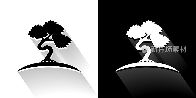 盆景树黑白图标与长影子