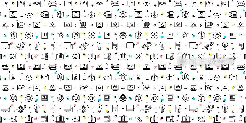矢量设计模板集和元素的3D打印和建模在流行的线性风格-无缝模式与线性图标相关的3D打印和建模-矢量