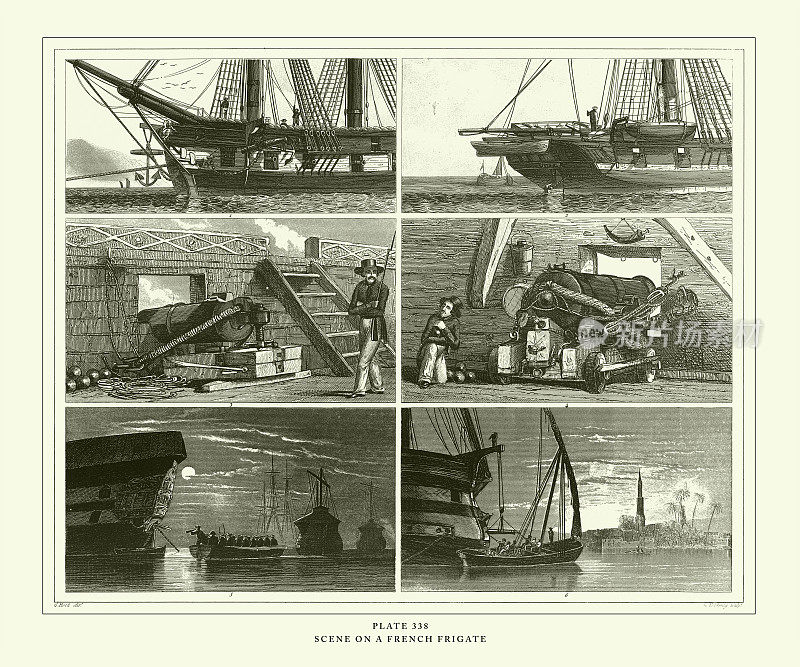 雕刻古董,法国护卫舰上的场景雕刻古董插图,1851年出版