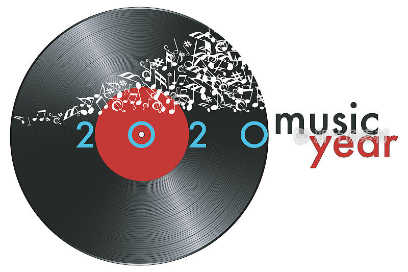 2020音乐主题贺卡与黑胶唱片和笔记。