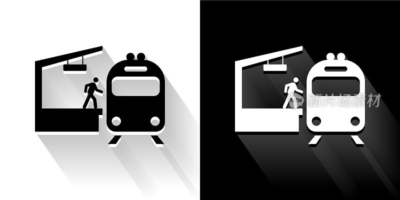 火车站黑色和白色图标与长影子