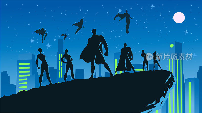 向量团队的超级英雄剪影在城市在夜间存货插图