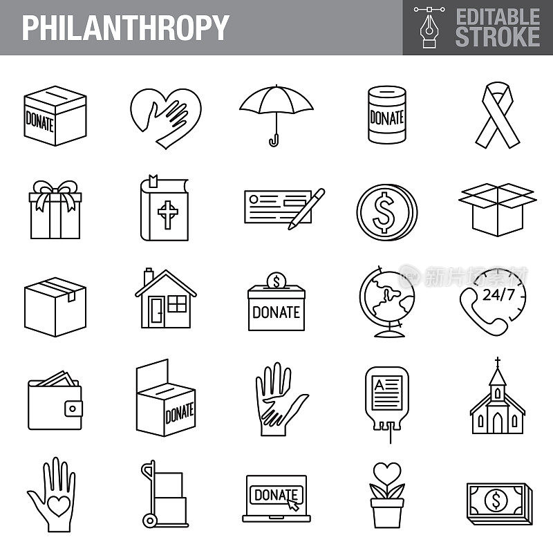 慈善和慈善可编辑的笔触图标设置