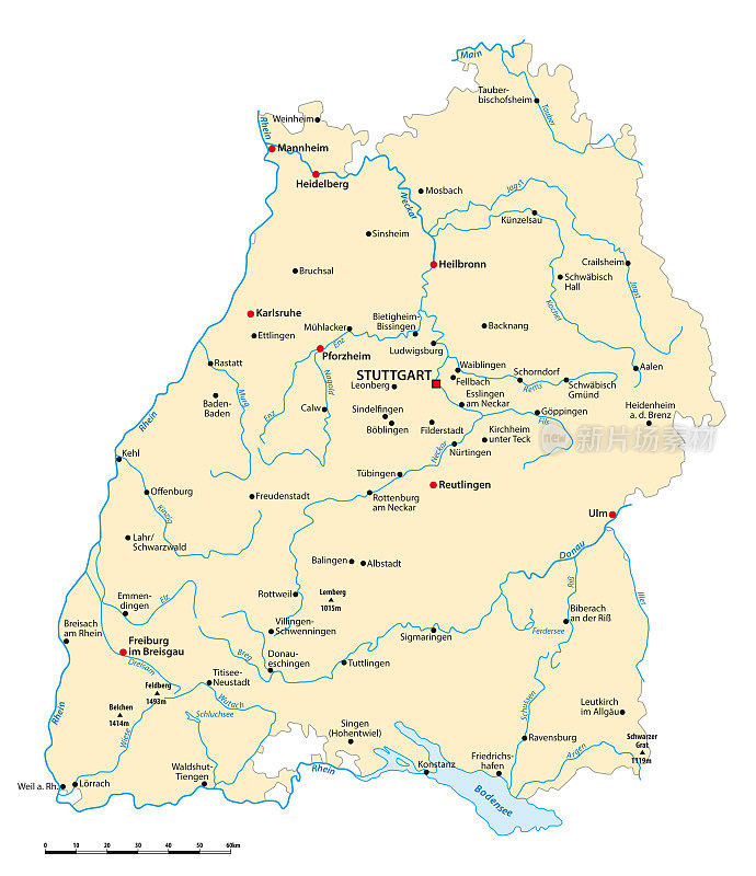 符腾堡州与主要城市的矢量地图，德国
