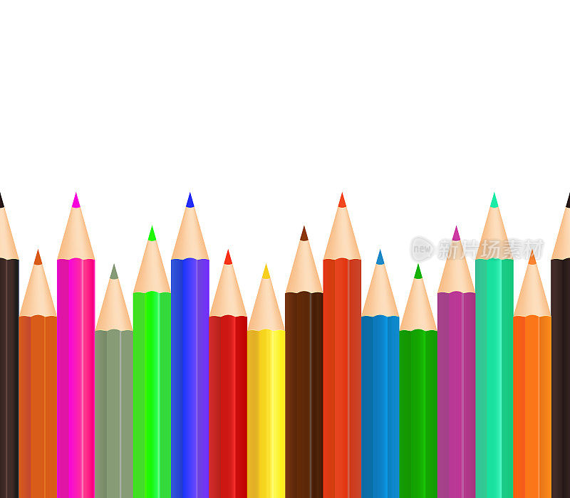 彩色铅笔。蜡笔在学校画画。艺术用的最下面一排铅笔。无缝图标与工艺用品，油漆，文具。木制蜡笔背景孤立的白色背景。向量