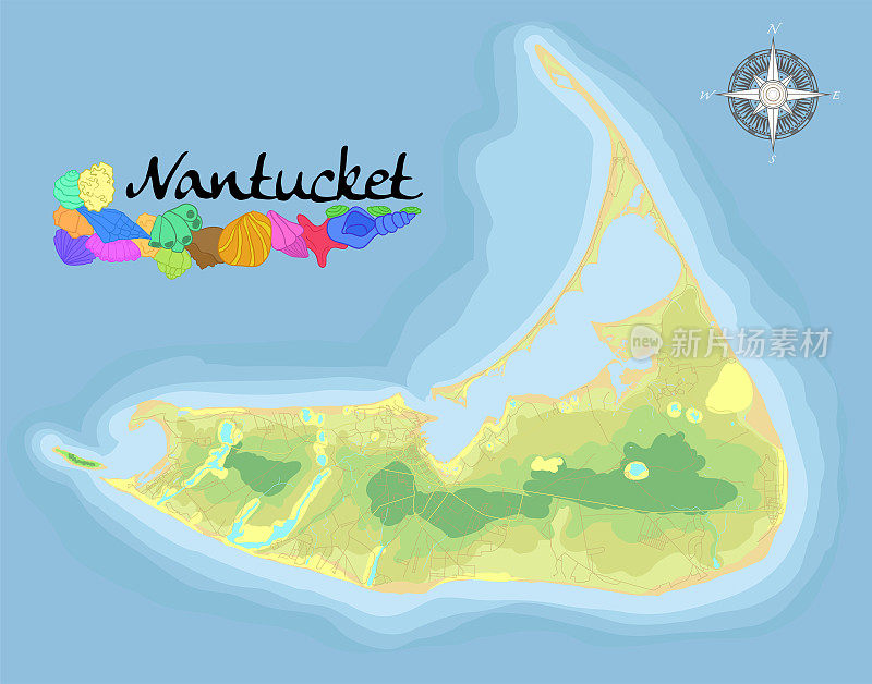 楠塔基特岛的道路。真实的卫星背景地图与指定的海滩，休息和娱乐场所。绘制精确的地图。鸟瞰。