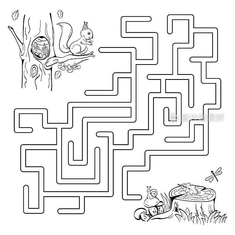 松鼠迷宫游戏。帮小松鼠找到老树桩旁边的蘑菇。黑色的草图。着色页面。
