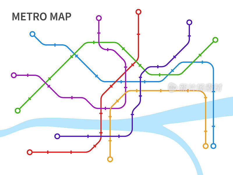 地铁地图。方案地下和地上交通城市轨道交通，平面规划线路连接城市公共交通网络，彩色铁路和车站矢量插图