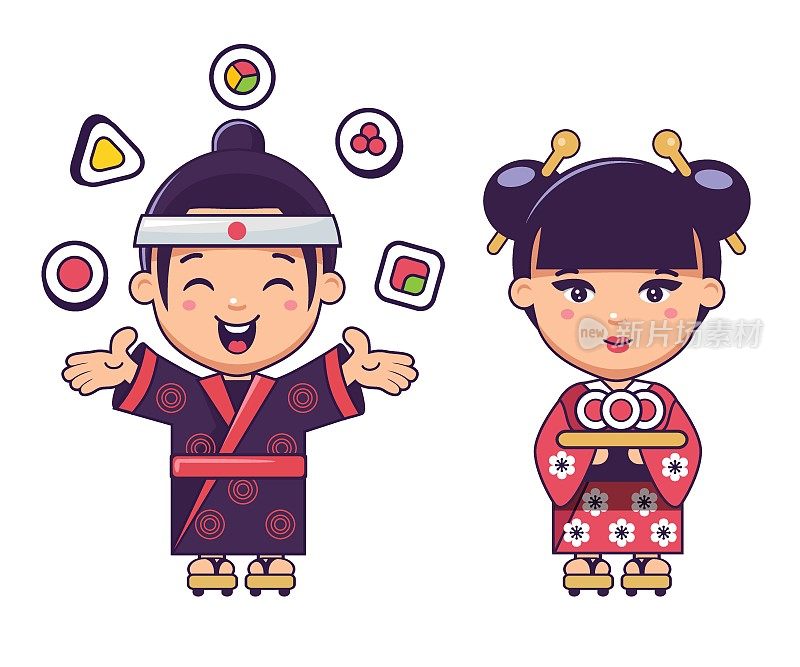 日本男孩和女孩穿着和服和寿司