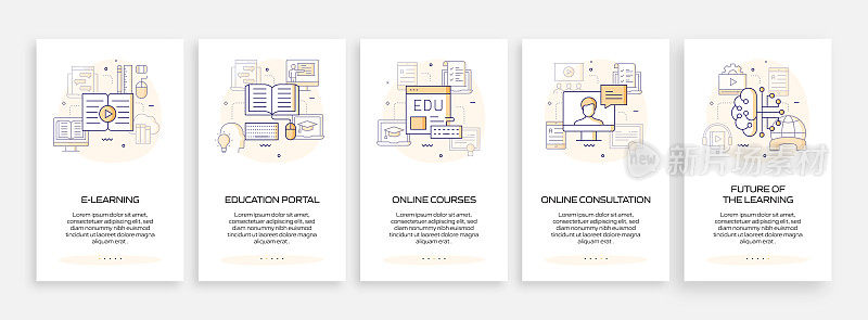 电子学习，在线教育和远程教育相关的移动应用程序页面屏幕与平面图标。用户体验，用户界面设计模板矢量插图