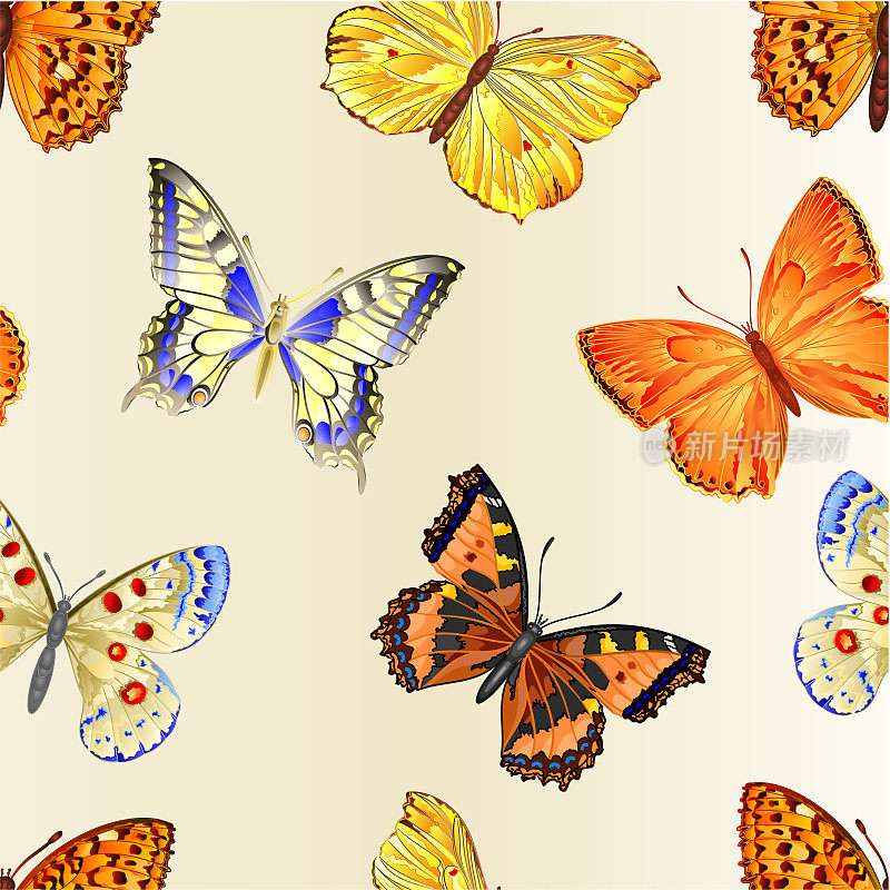 无缝纹理蝴蝶各种山草甸和森林蝴蝶环境水彩复古自然背景矢量插图编辑