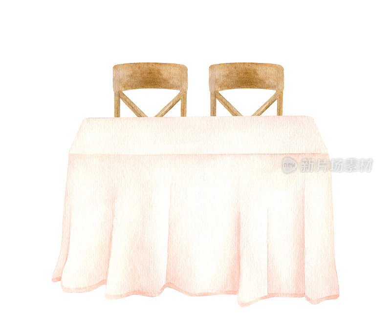 水彩画铺在桌子上的木椅。手绘简单的新婚夫妇的婚礼桌与优雅的粉红色桌布隔离在白色的背景。为邀请，宴会，装饰插图。