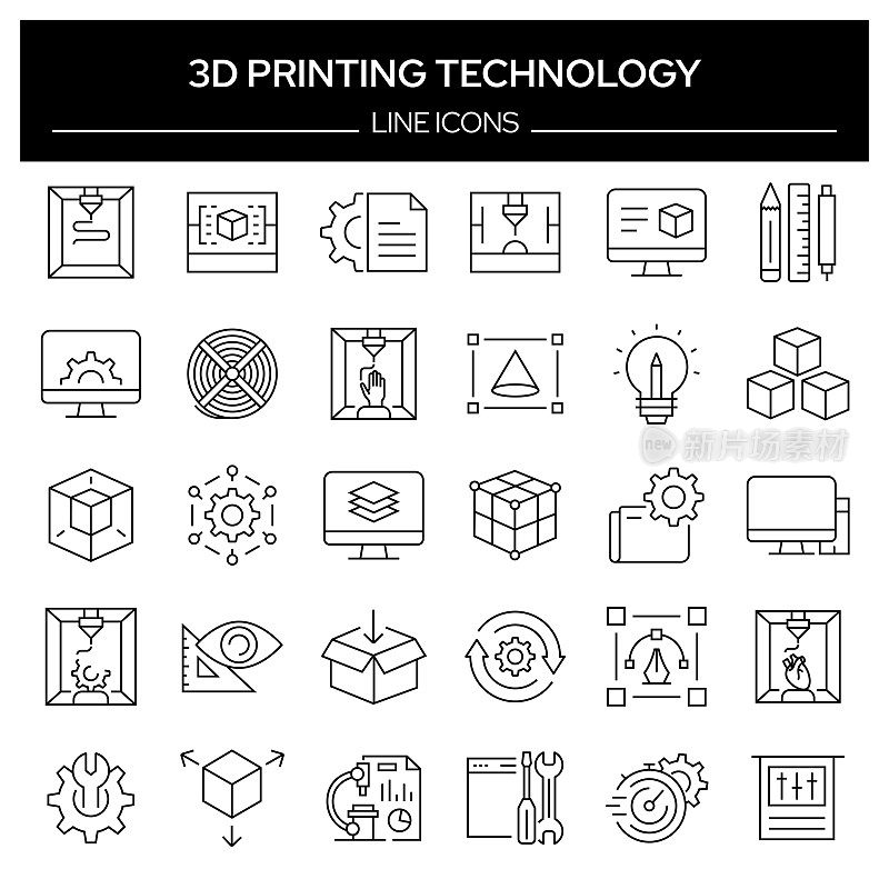 3D打印技术相关的线条图标。轮廓符号集合，可编辑的描边