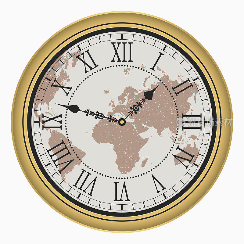 古董时钟与世界地图。古董黄金墙表盘与罗马数字。矢量插图。