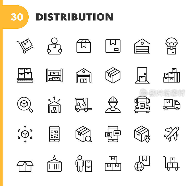 仓库和分销线图标。可编辑的中风。像素完美。移动和网络。包含包装，交付，盒子，装运，装配线，库存，车库，叉车，条码，飞机，物流，配送中心，卡车等图标。