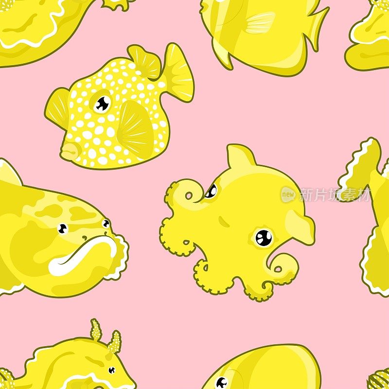 无缝图案与可爱的黄海动物在粉红色的背景。矢量插图。水下生命，海洋，海洋，珊瑚礁。章鱼，箱鲀，天使鱼，裸鳃海蛞蝓。幼稚,孩子。