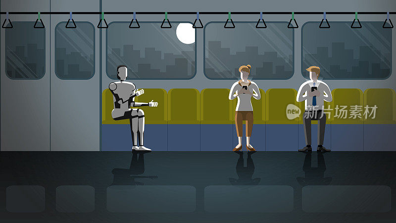 在漆黑的夜晚和满月的夜晚，男男女女坐在火车上一边用智能手机聊天，一边听机器人说话。在未来，半机械人将成为人们日常生活的一部分。