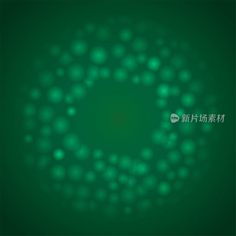 深绿色抽象科幻或未来的矢量背景与图案或小球体簇遍布在一个环形形状