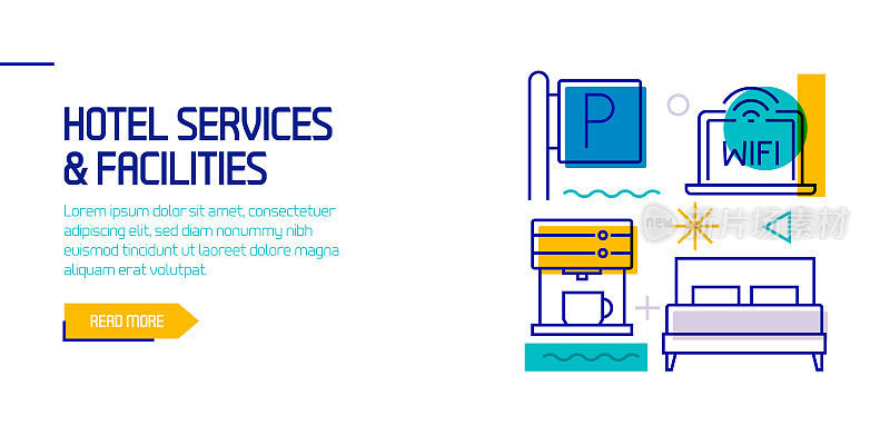 酒店服务相关设计元素。带有轮廓图标的图案设计。色彩斑斓的矢量图