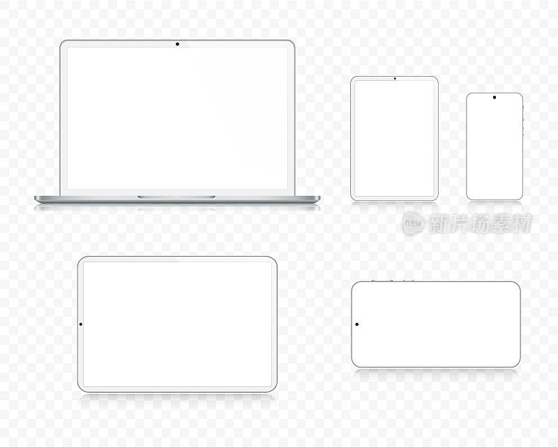 笔记本电脑，平板电脑，智能手机，手机在银色反射和透明的背景，现实的矢量插图