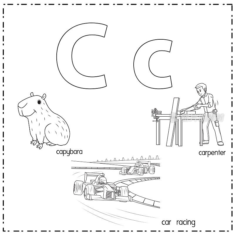 向量插图学习字母C的小写和大写的儿童与3卡通图像。水豚赛车卡朋特。