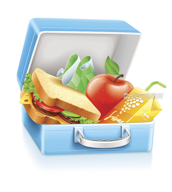 午餐盒，三明治，苹果和果汁