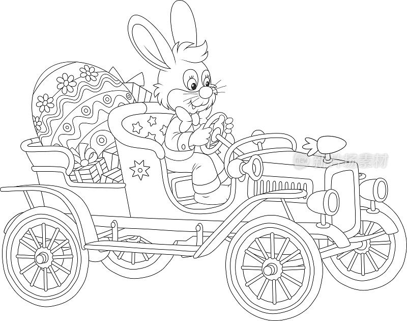 复活节兔子在他的复古车里